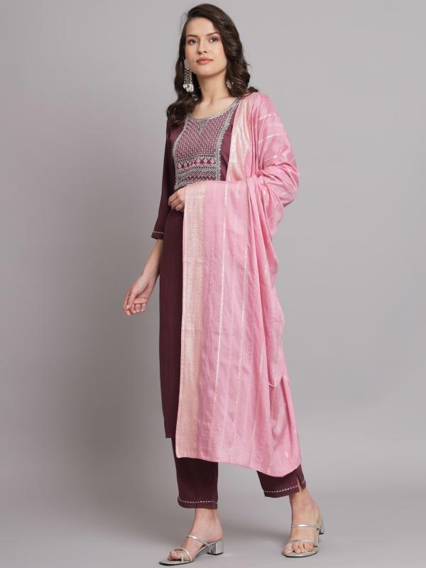 VP 9438 P Plum Grace Cotton Silk Blend Kurta Set with Blush Dupatta